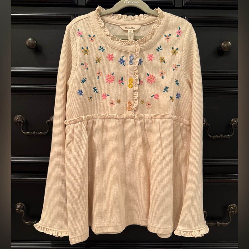 Matilda Jane Sz 14 girls cream waffle knit long sleeve shirt with embroidery
